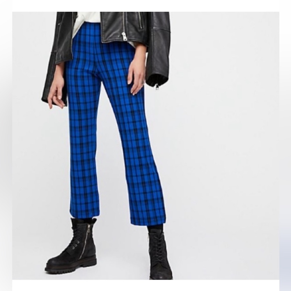 Free people blue/black plaid menswear Mod  kickboot crop stretch trouser pants 4